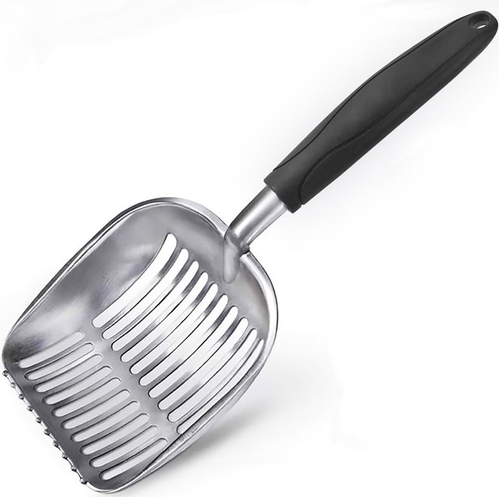 AEDILYS Cat Litter Scoop, Metal, Rubber Handle, Black