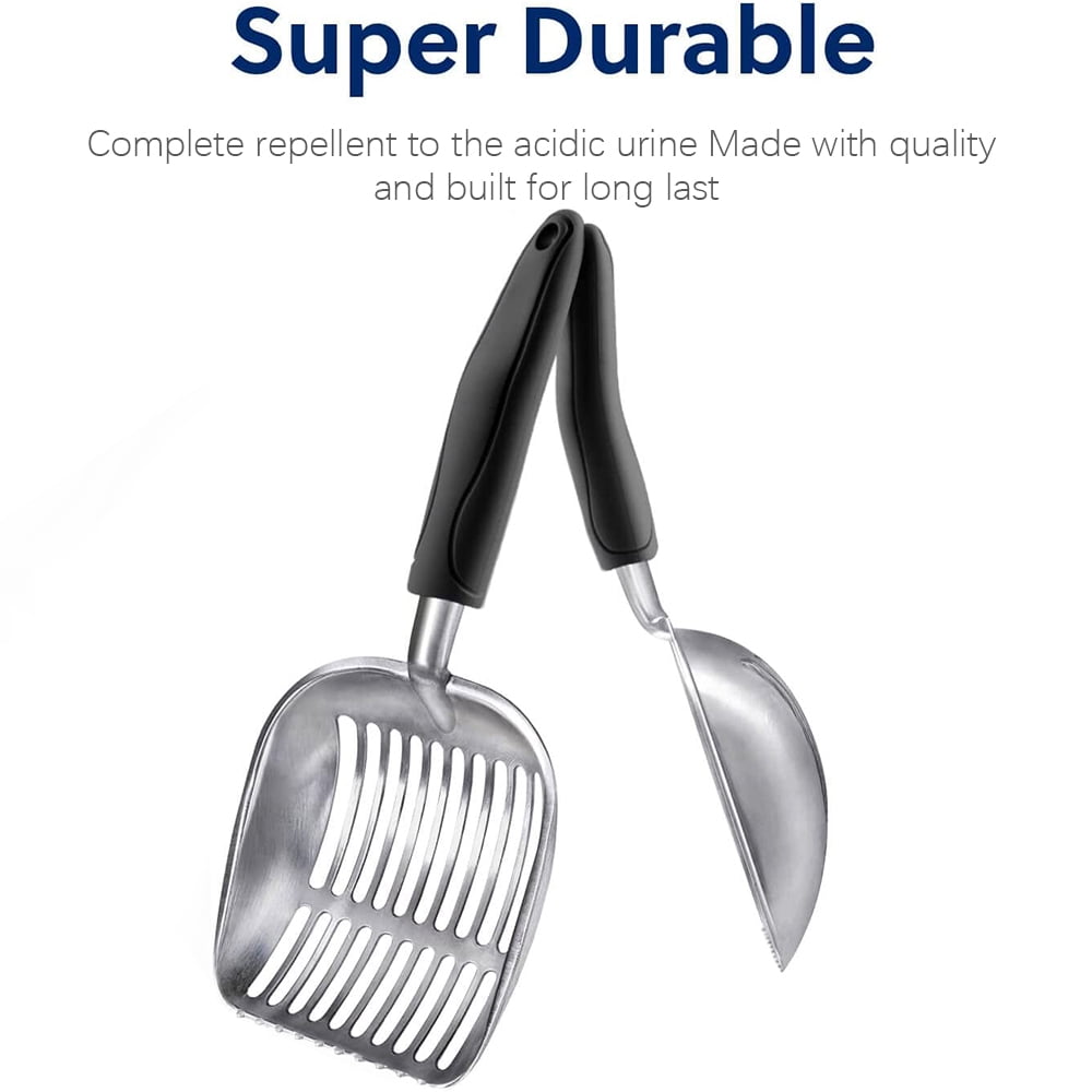 AEDILYS Cat Litter Scoop, Metal, Rubber Handle, Black