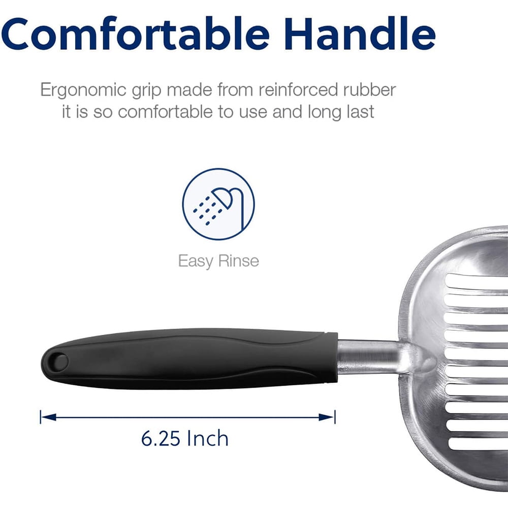 AEDILYS Cat Litter Scoop, Metal, Rubber Handle, Black