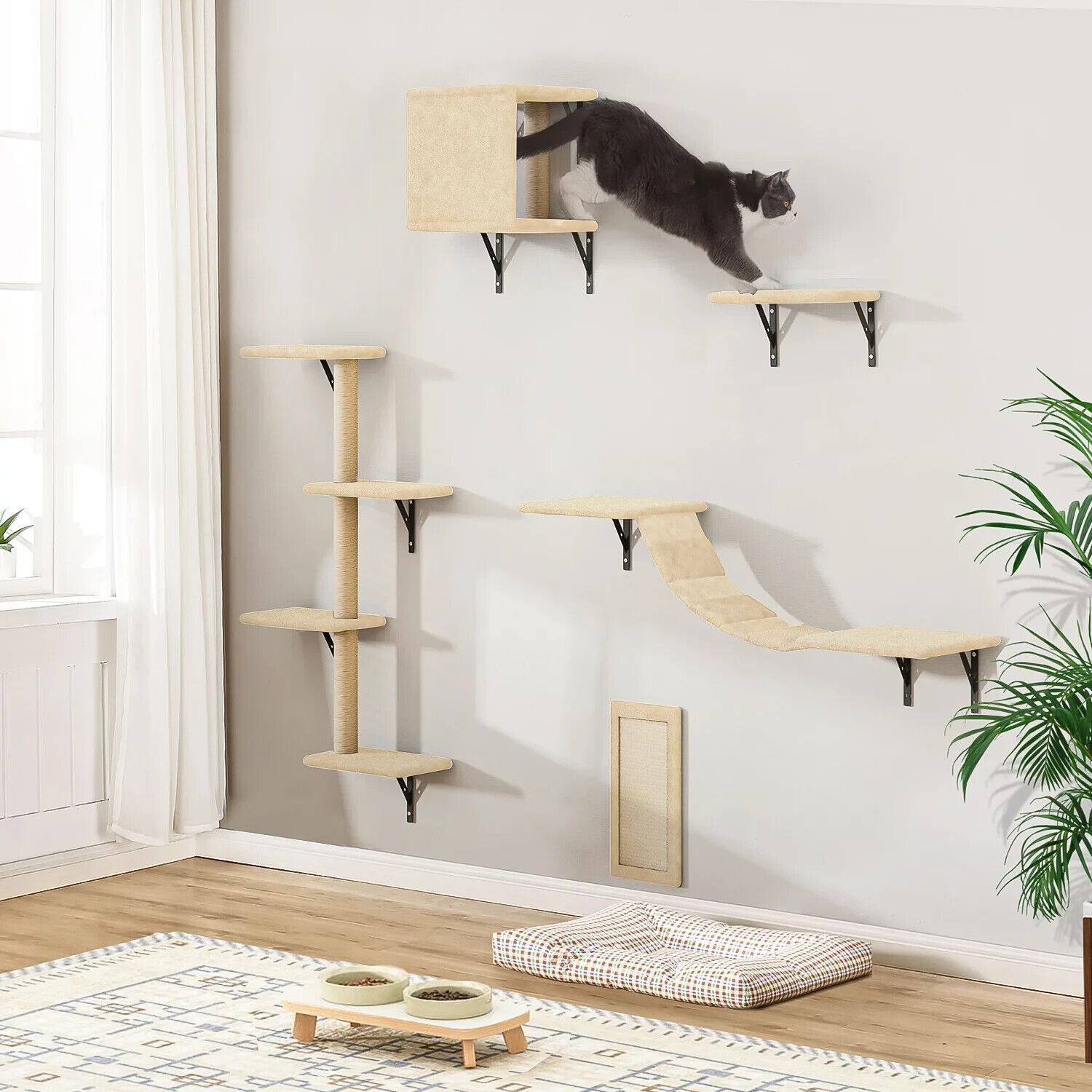 Wall-mounted Cat Tree with Hammocks & Scratcher