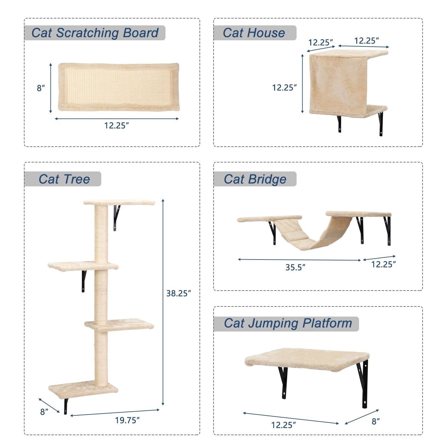 Wall-mounted Cat Tree with Hammocks & Scratcher