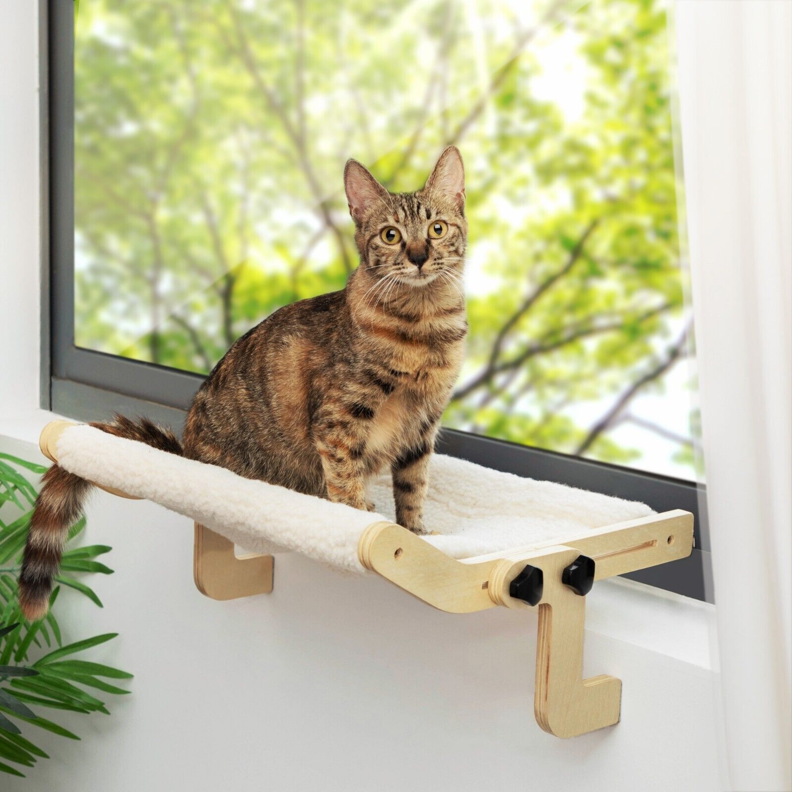 Adjustable Window Cat Hammock with Wooden Perch