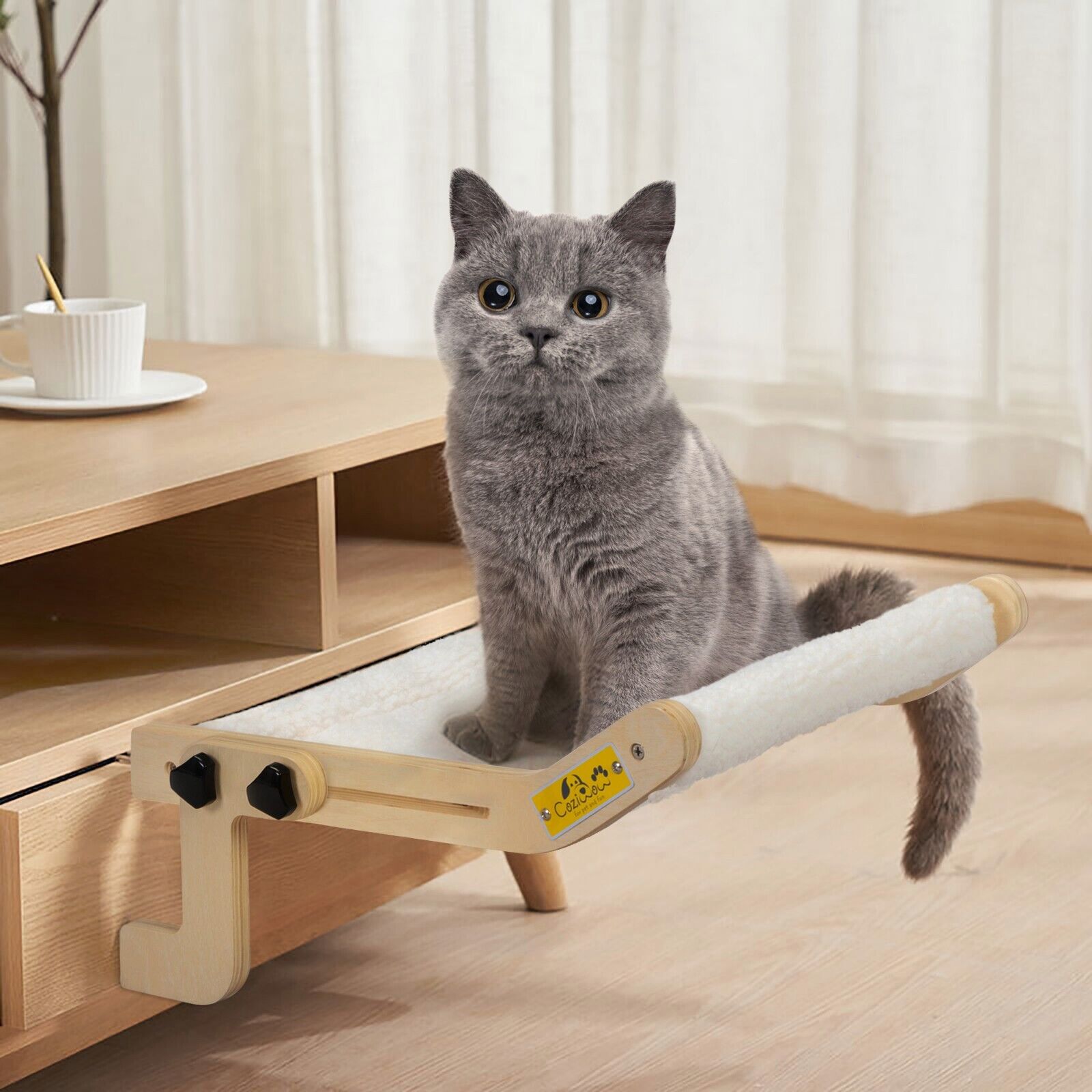 Adjustable Window Cat Hammock with Wooden Perch