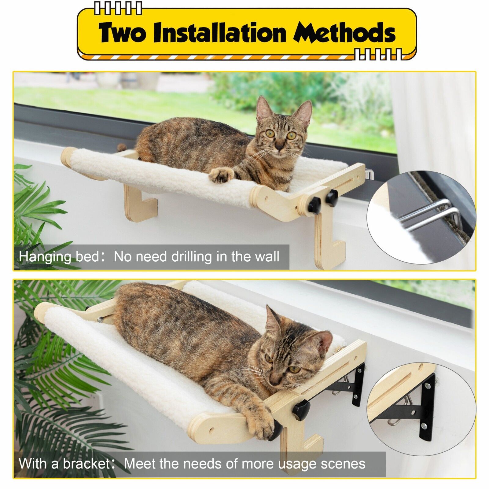 Adjustable Window Cat Hammock with Wooden Perch