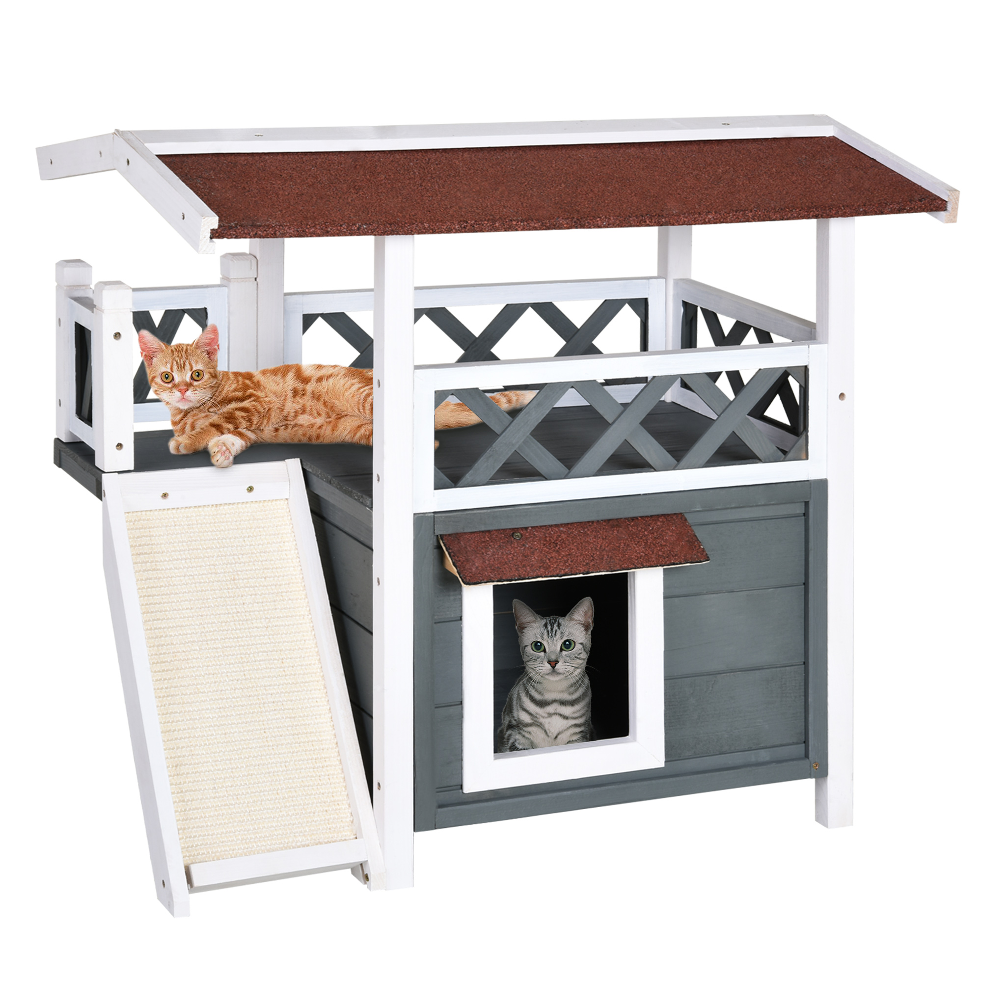 Wooden Outdoor Cat Shelter with Sisal Ramp