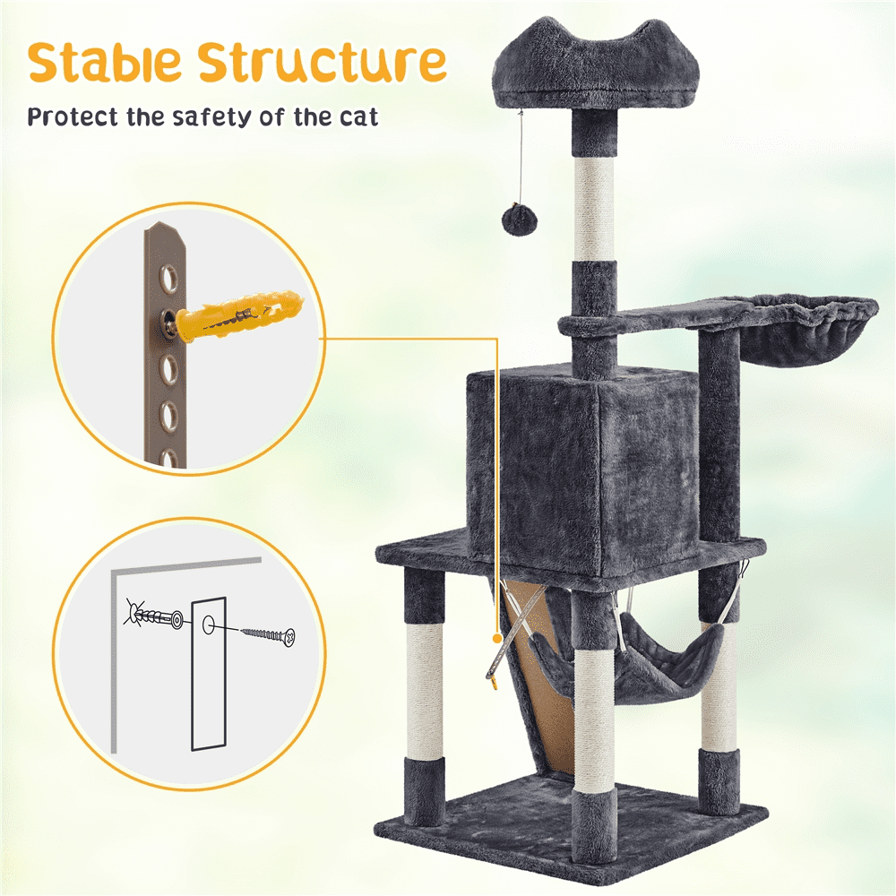 Gray Cat Tree Condo with Hammock & Tunnel