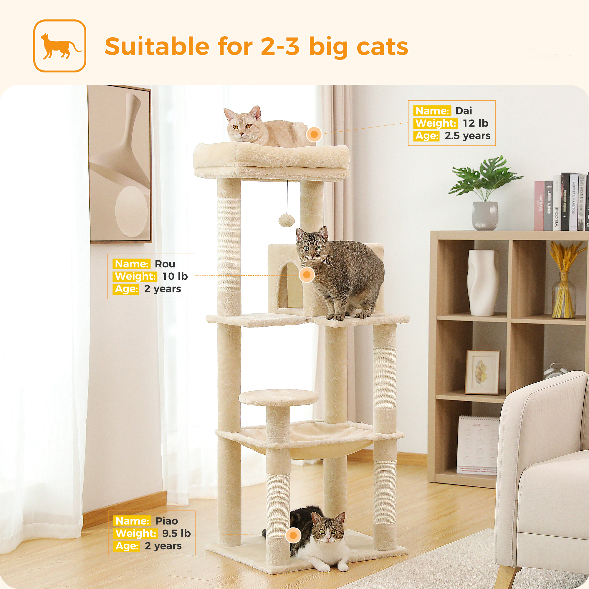Tall Cat Tower with Cozy Perch & Toys