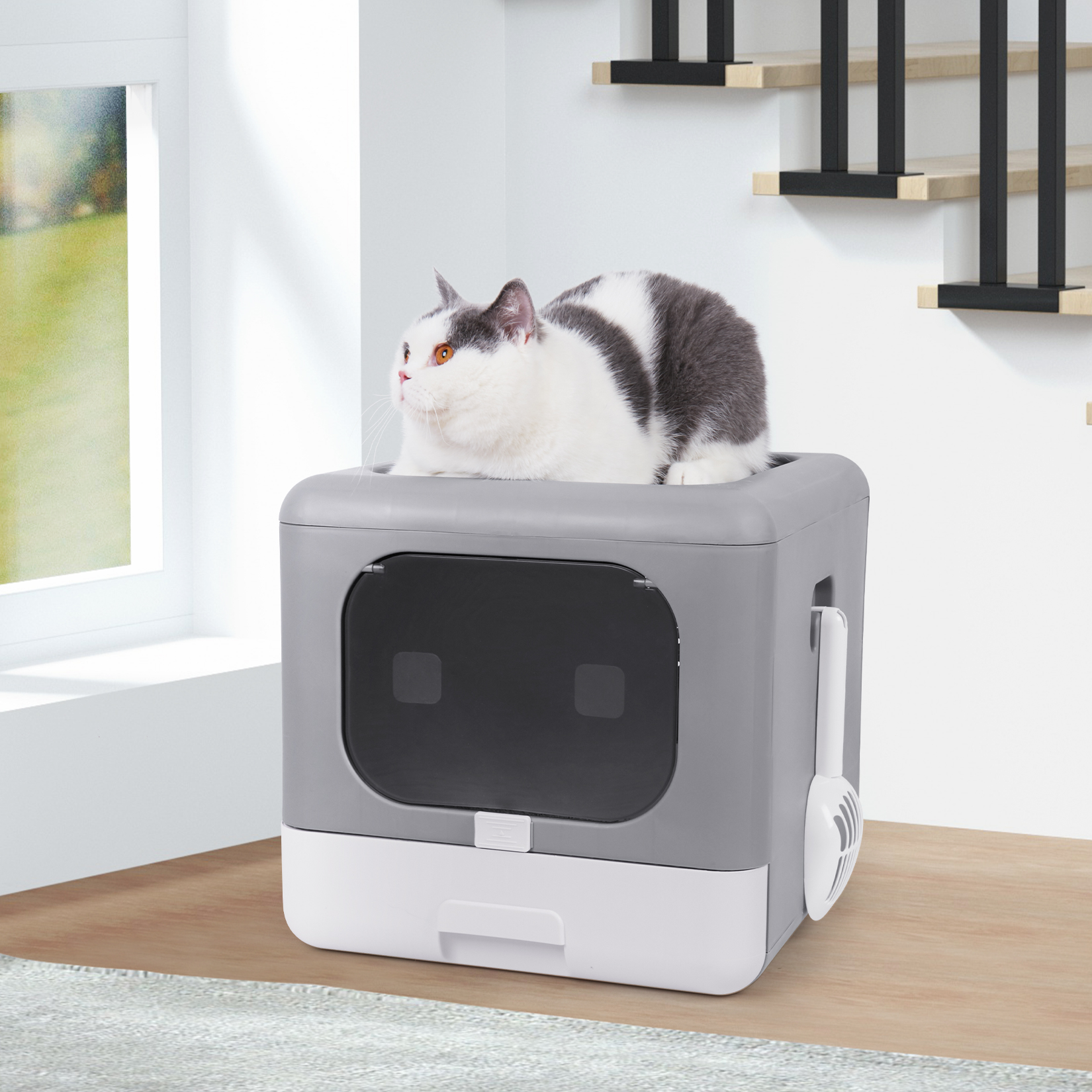 Foldable Top Entry Cat Litter Box & Scoop Drawer