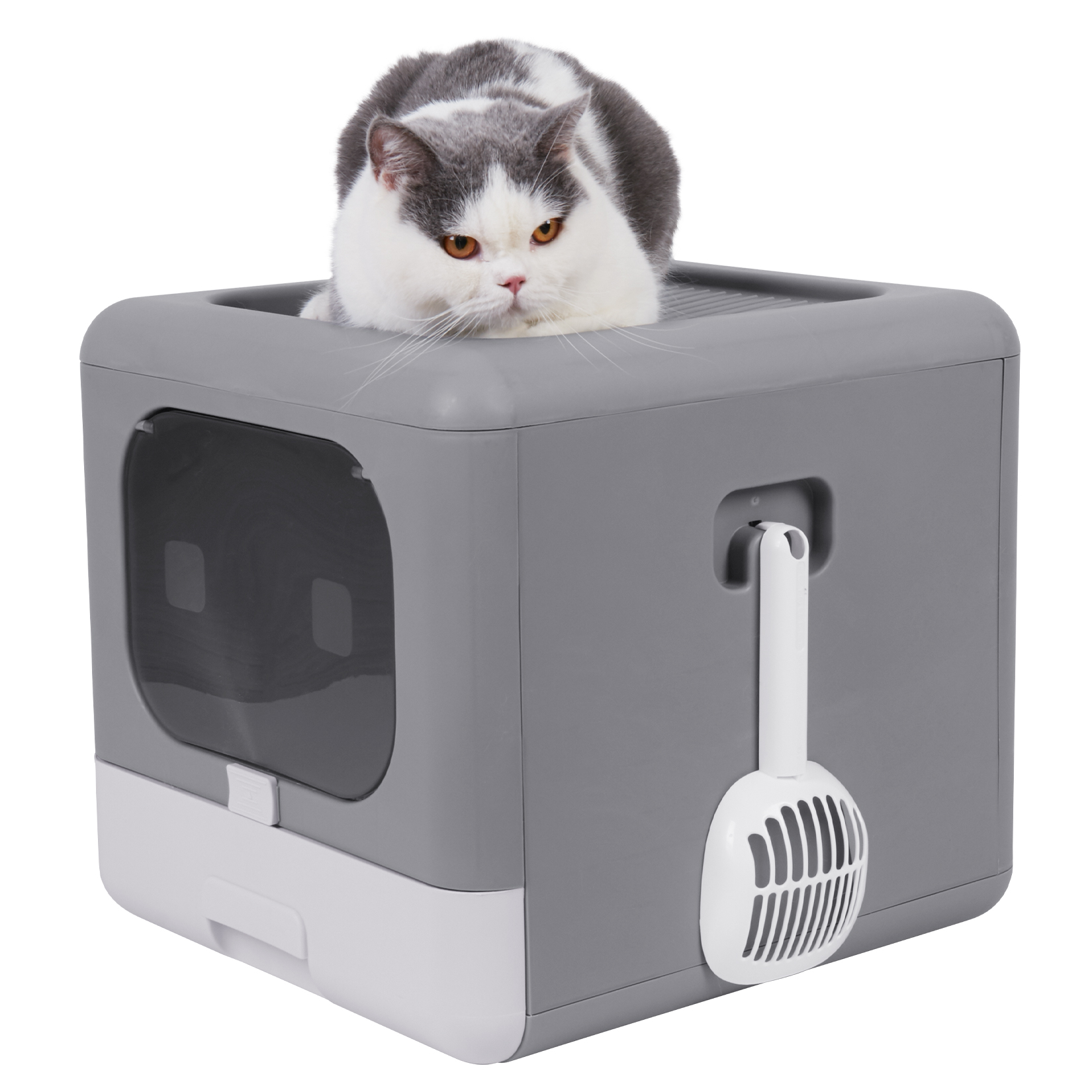 Foldable Top Entry Cat Litter Box & Scoop Drawer