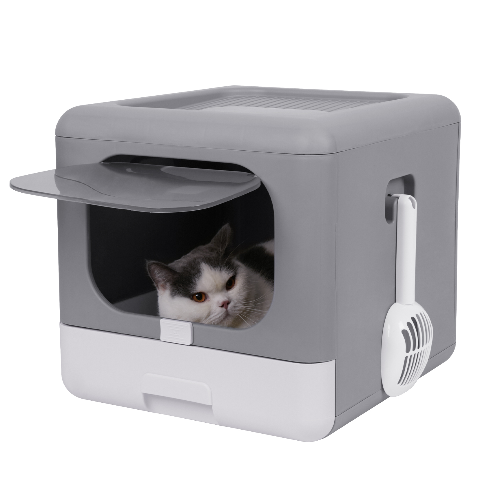 Foldable Top Entry Cat Litter Box & Scoop Drawer