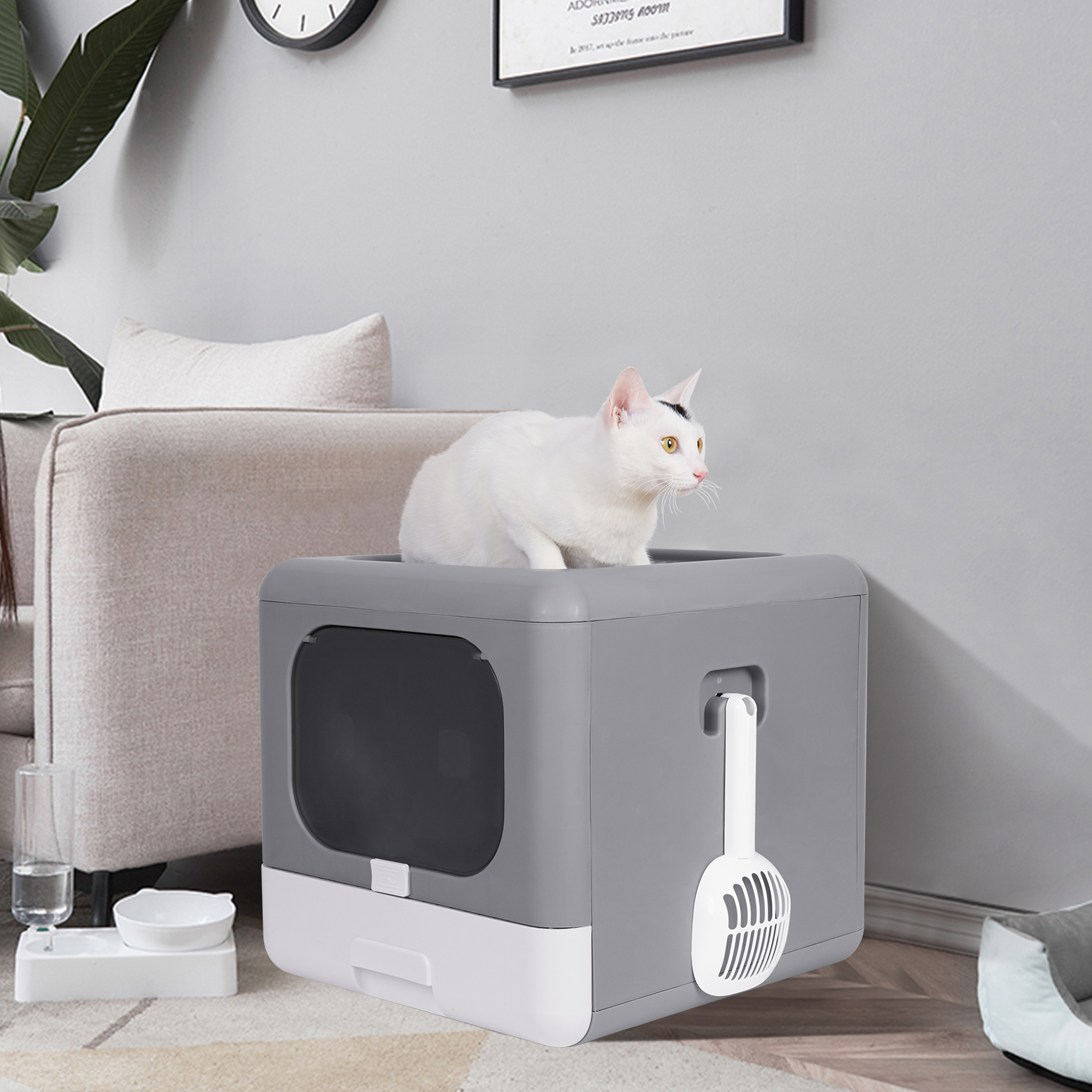 Foldable Top Entry Cat Litter Box & Scoop Drawer