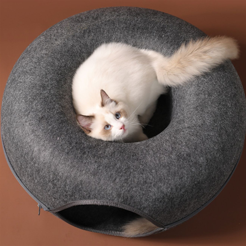 Donut Cat Tunnel Bed Pets House Natural Felt Pet Cat Cave Toys Round Wool Felt Pet Bed For Small Dogs Cat Interactive Play Toy
