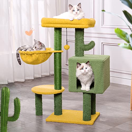 Yellow Cactus Cat Tree with Hammock & Scratching Post