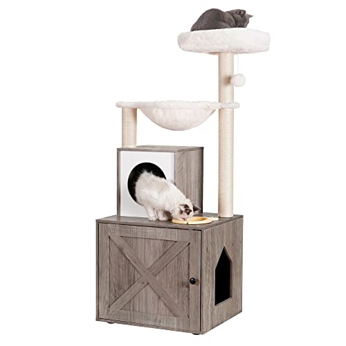 Modern Cat Tower with Litter Box and Food Station