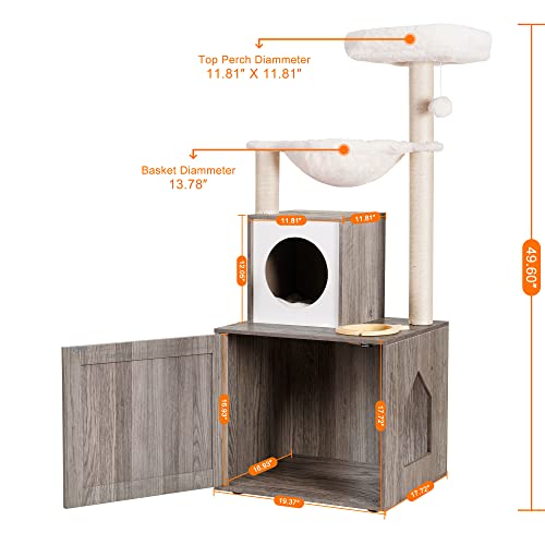 Modern Cat Tower with Litter Box and Food Station