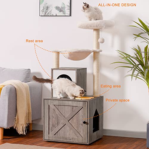Modern Cat Tower with Litter Box and Food Station