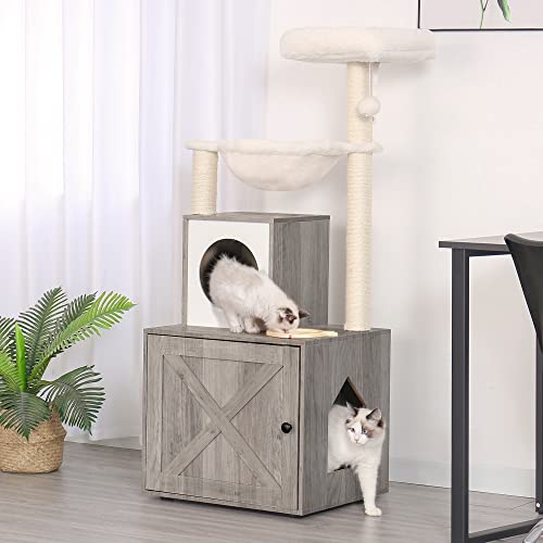 Modern Cat Tower with Litter Box and Food Station