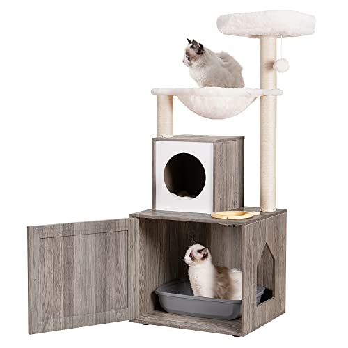 Modern Cat Tower with Litter Box and Food Station