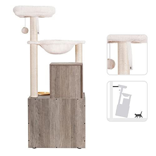 Modern Cat Tower with Litter Box and Food Station