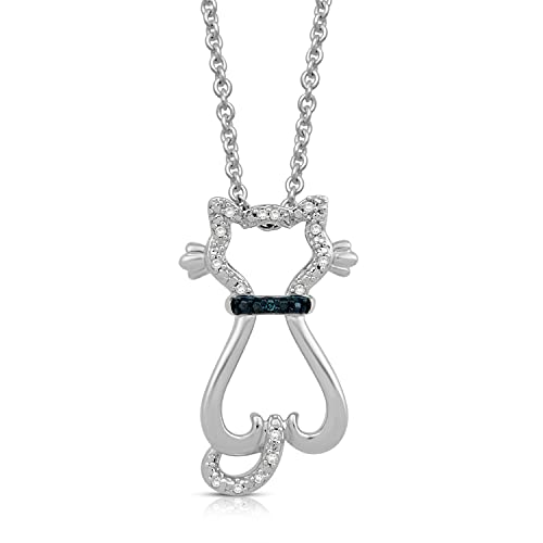 Blue and White Diamond Cat Pendant Necklace