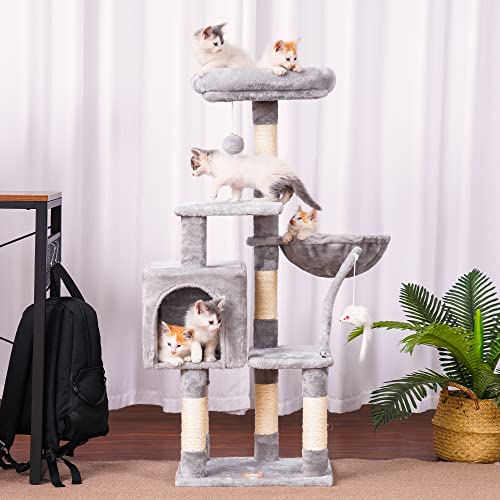 Gray Cat Tree Condo with Toy and Scratching Posts