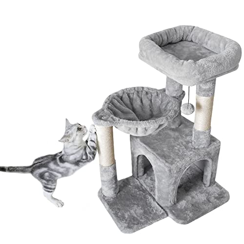 Light Gray Cat Tree with Scratching Post and Hammock