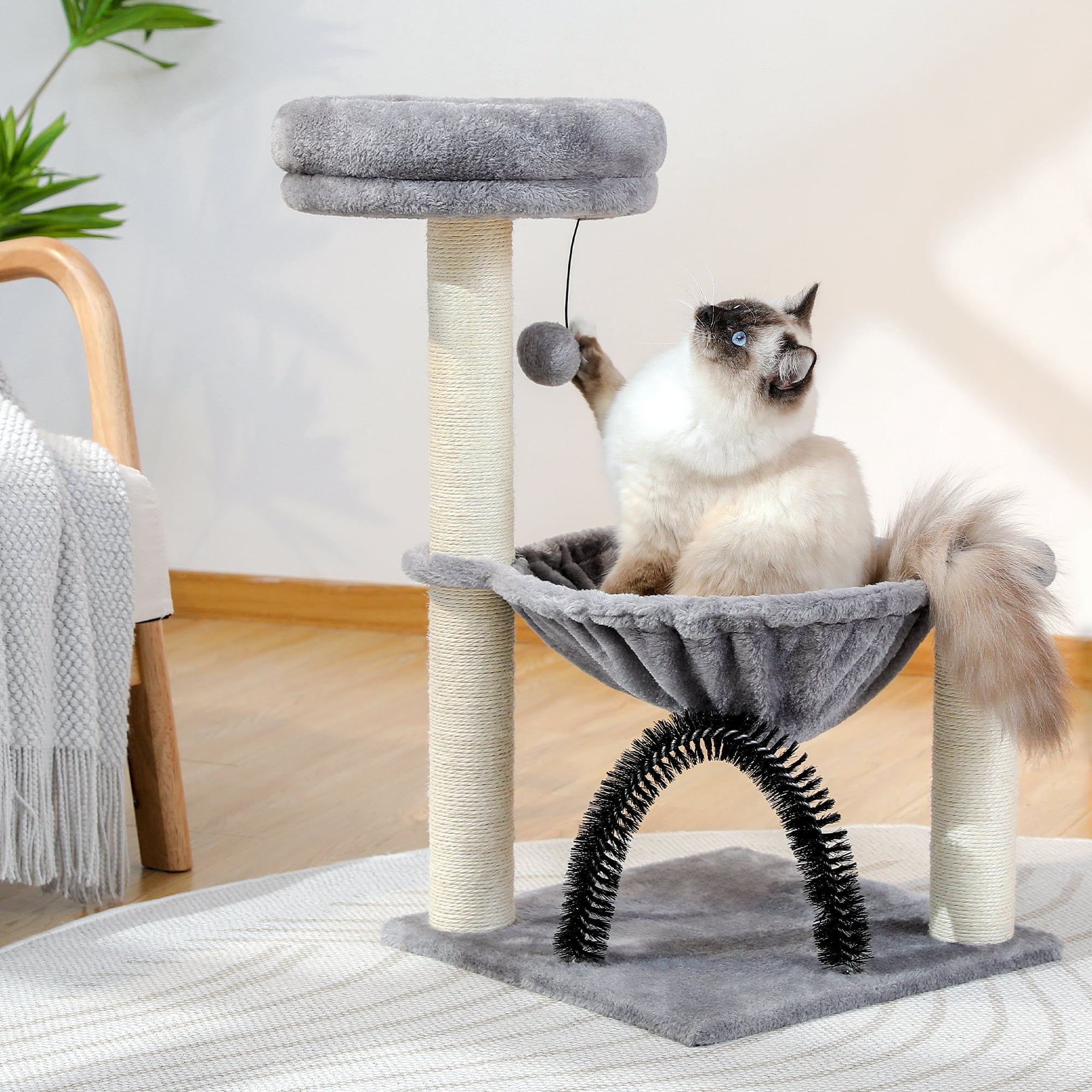 Gray Cat Tree Tower with Hammock & Scratching Post