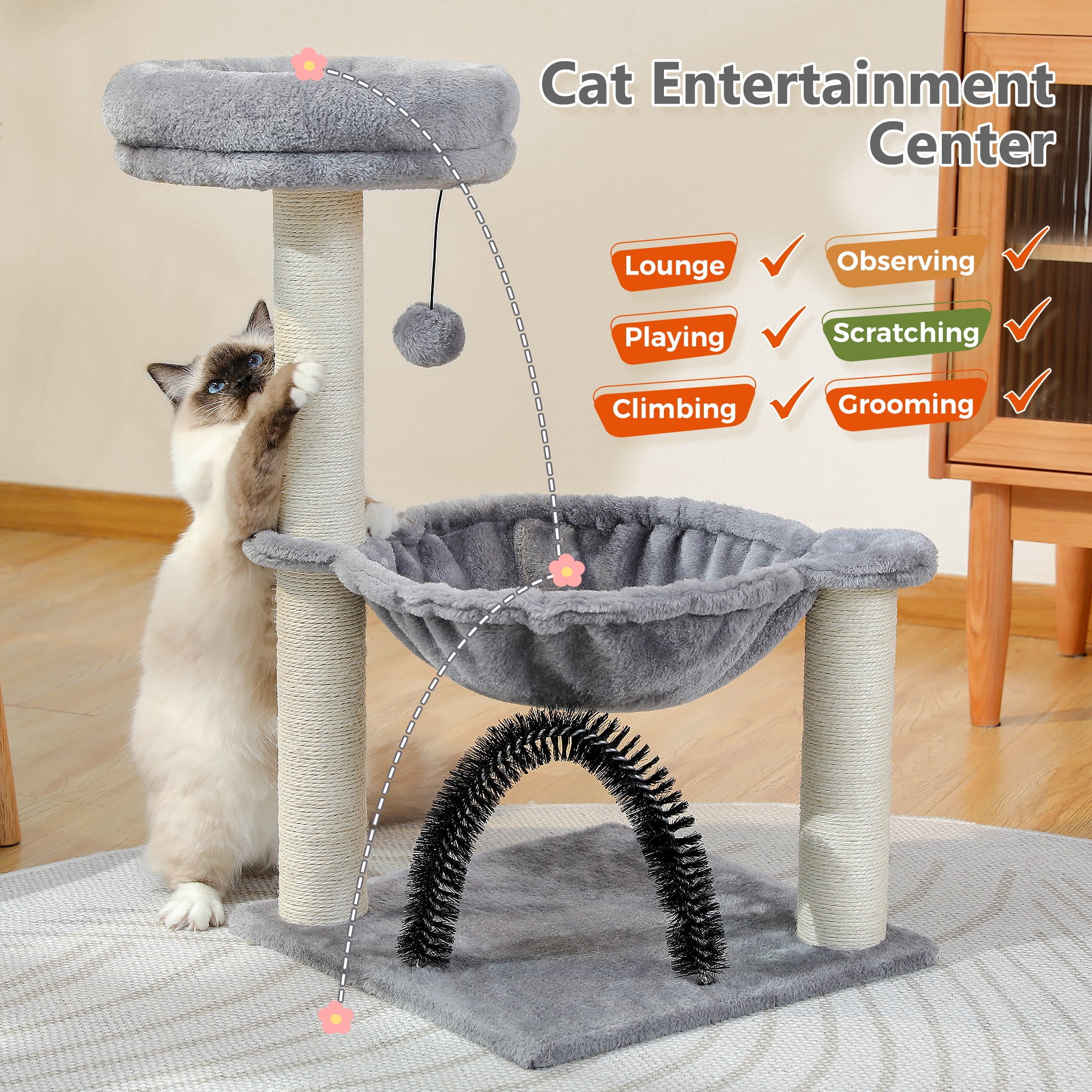 Gray Cat Tree Tower with Hammock & Scratching Post