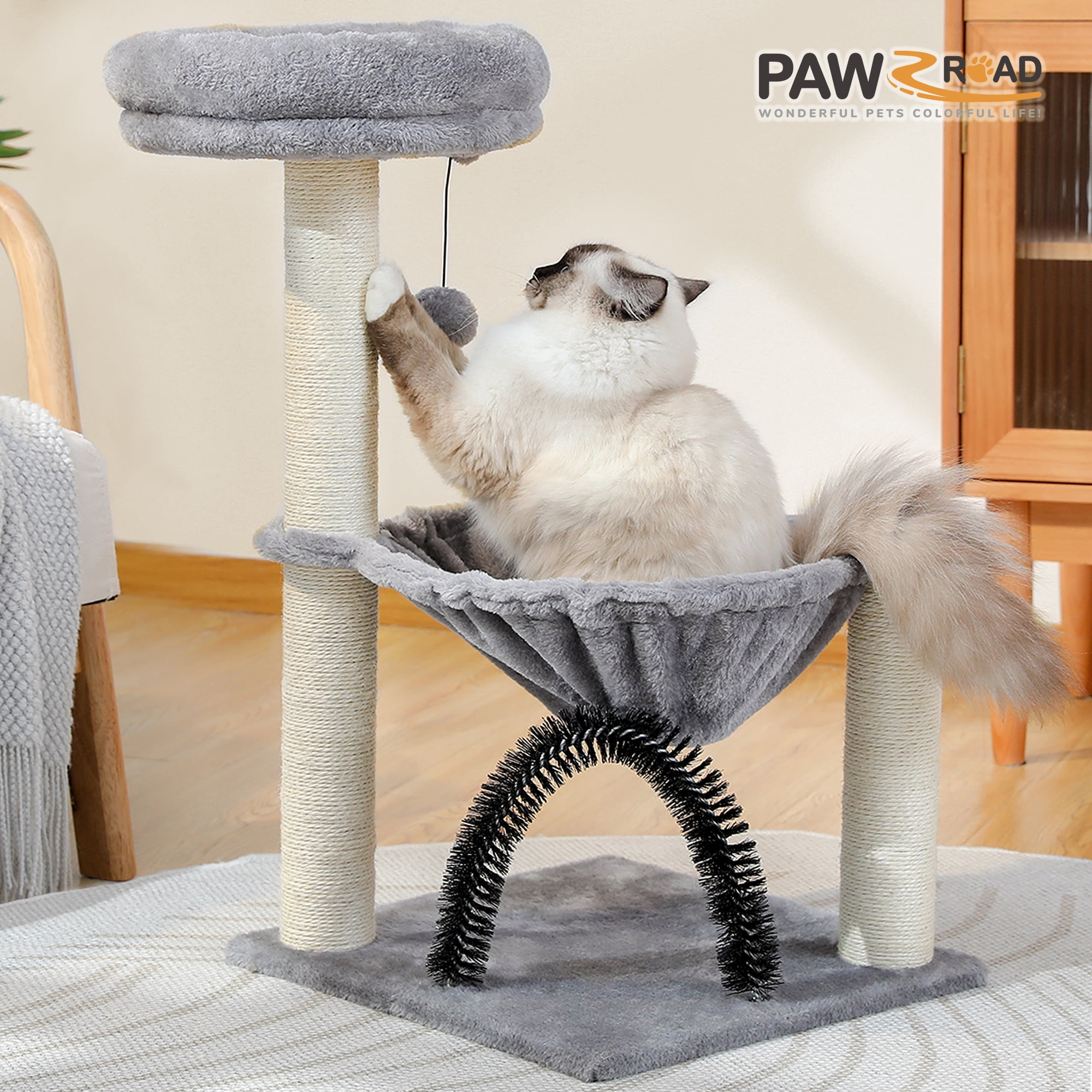 Gray Cat Tree Tower with Hammock & Scratching Post