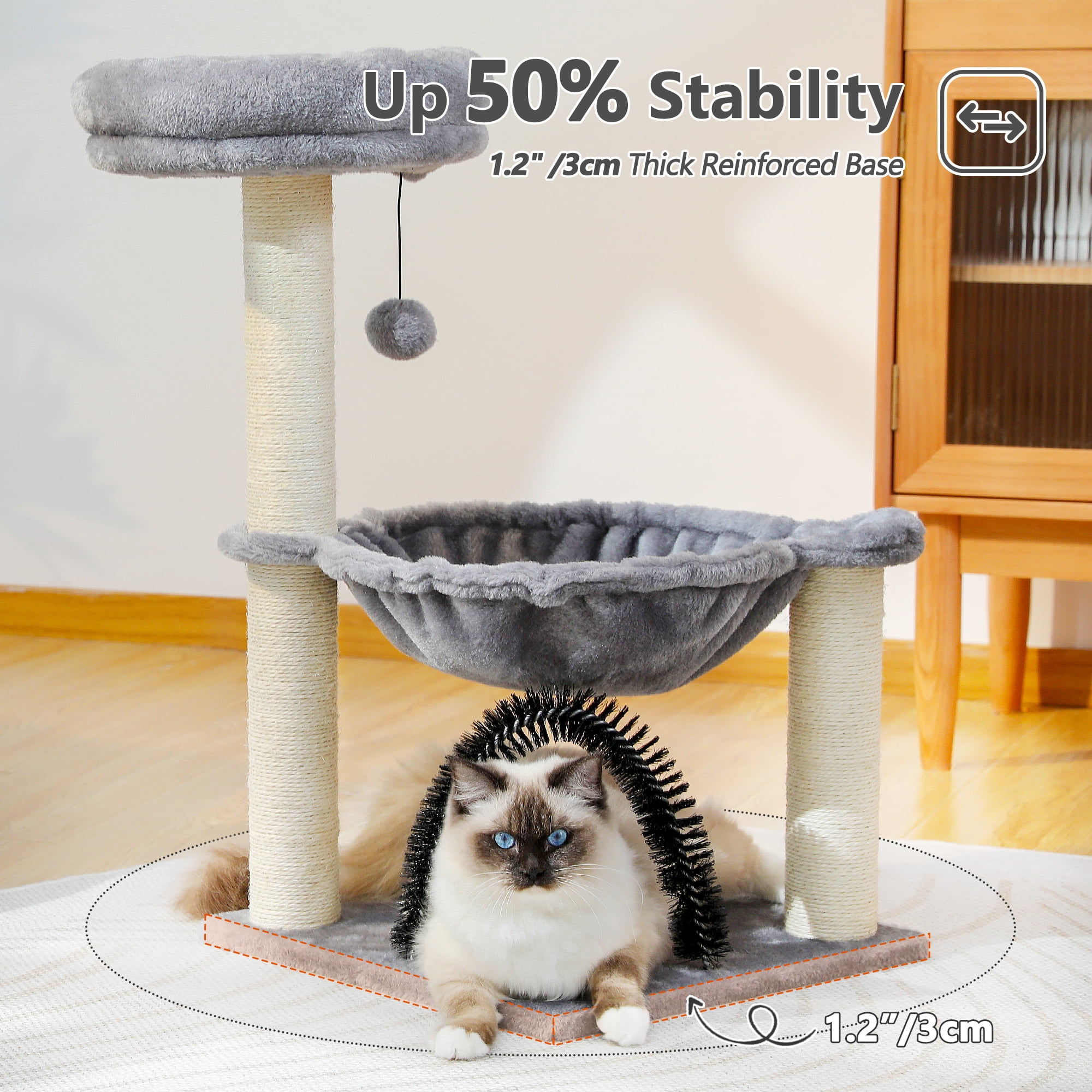 Gray Cat Tree Tower with Hammock & Scratching Post