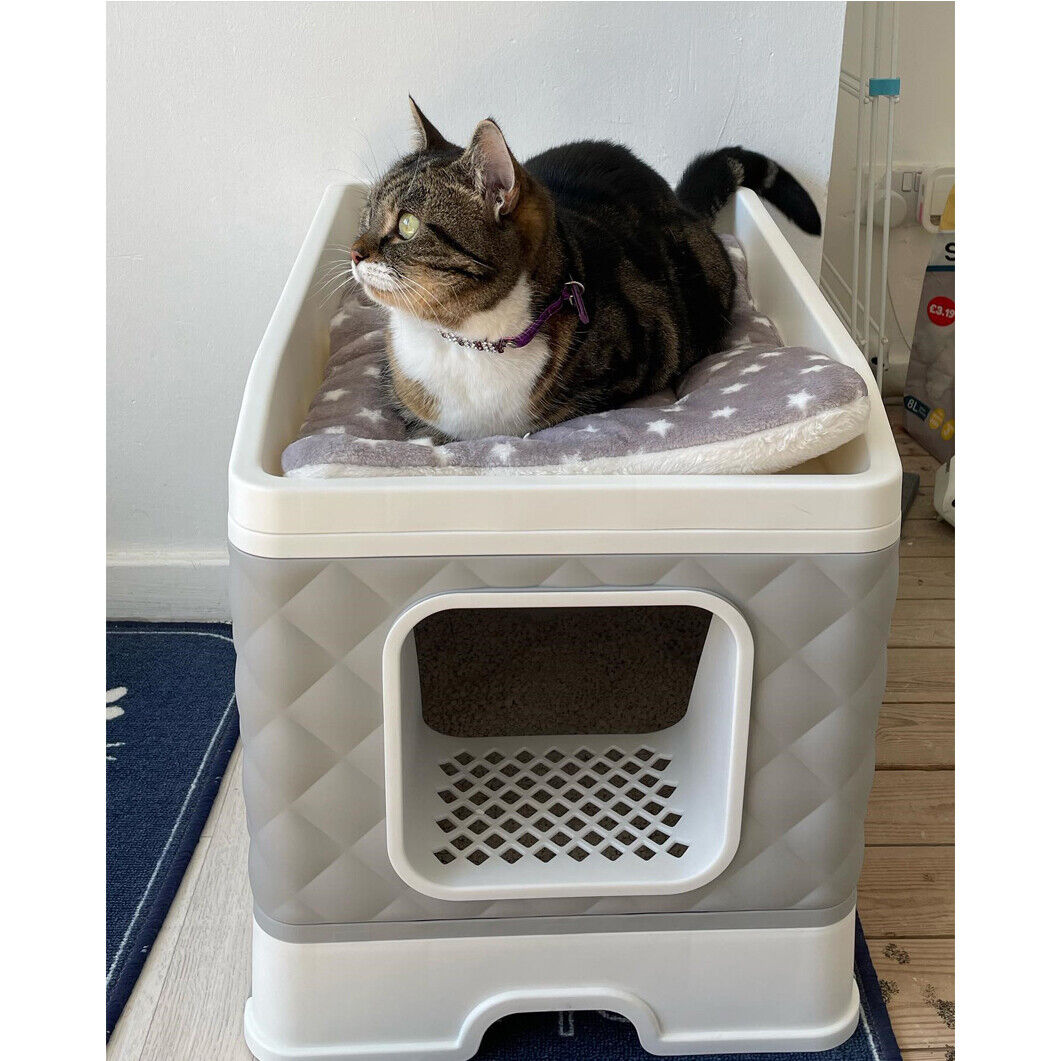 Hooded Cat Litter Box with Tray Bed
