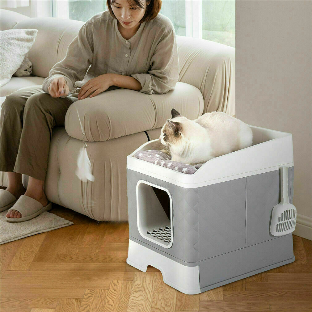 Hooded Cat Litter Box with Tray Bed