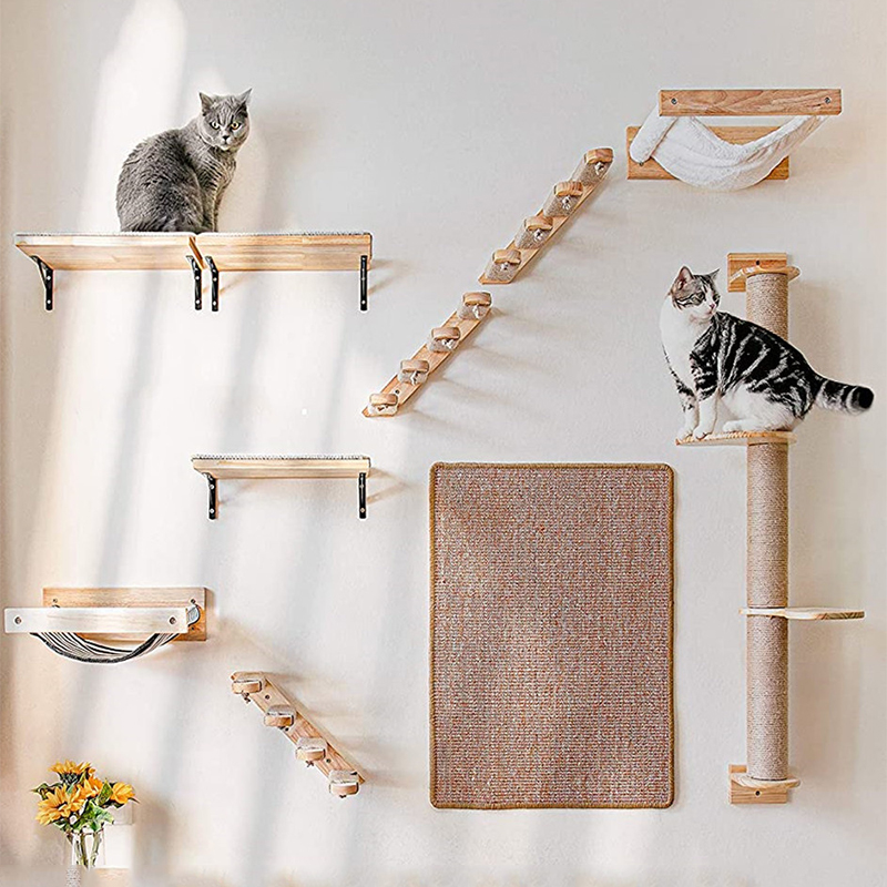 Wall-mounted Wooden Cat Shelves with Perch