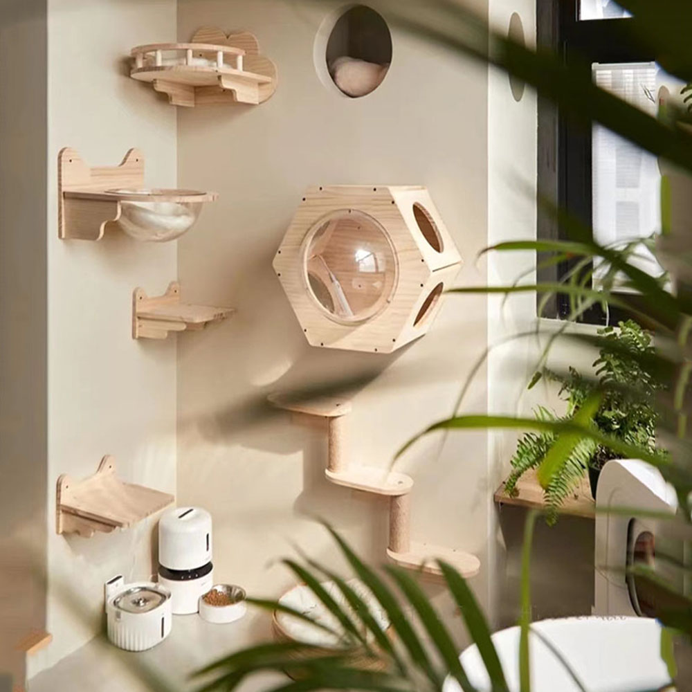 Wall-mounted Wooden Cat Shelves with Perch