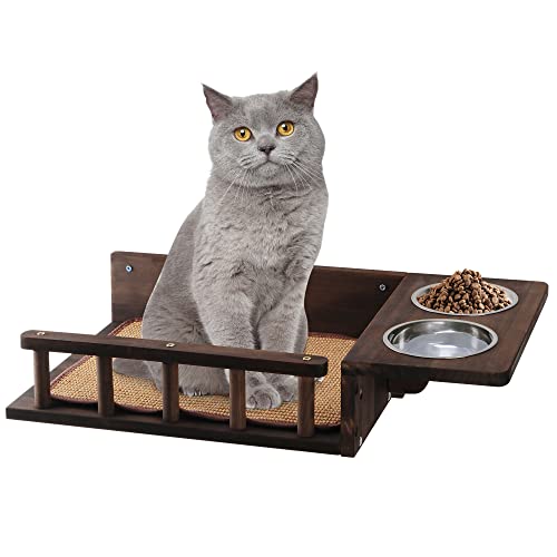 Wall-Mounted Cat Feeding Shelf with Elevated Bowls
