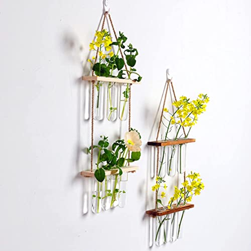 Wall Hanging Planter, 2 Tiered Plant Propagation Stations Plant Terrarium with Wooden Stand, Glass Planter Test Tube Vase for Propagating Hydroponic Plants Home Office Garden Decor-8 Bulb Vase