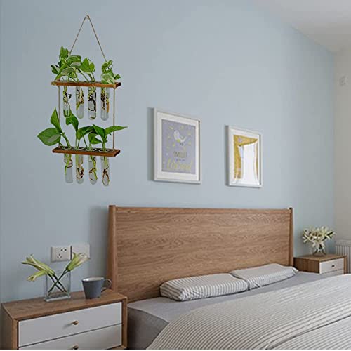 Wall Hanging Planter, 2 Tiered Plant Propagation Stations Plant Terrarium with Wooden Stand, Glass Planter Test Tube Vase for Propagating Hydroponic Plants Home Office Garden Decor-8 Bulb Vase