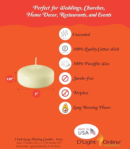 D'light Online Large 3 Inch Ivory Floating Candles Bulk Pack for Events, Centerpieces, Spa, Pool, Home Decor, for Cylinder Vases, Special Occasions and Holiday Decor - (Ivory, Set of 36)