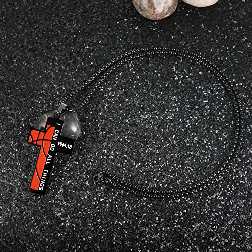 Susook Basketball Cross Necklace for Boys Bible Verse I CAN DO All Things Stainless Steel Sport Pendant for Men(Black)