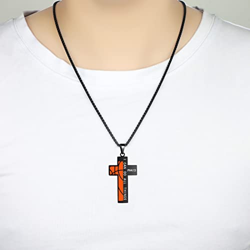 Susook Basketball Cross Necklace for Boys Bible Verse I CAN DO All Things Stainless Steel Sport Pendant for Men(Black)