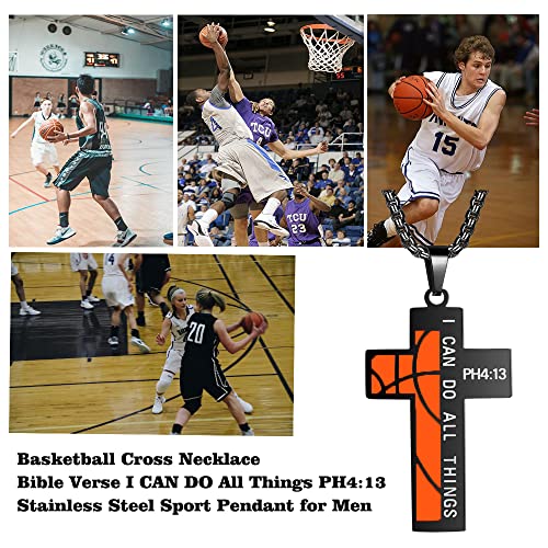 Susook Basketball Cross Necklace for Boys Bible Verse I CAN DO All Things Stainless Steel Sport Pendant for Men(Black)
