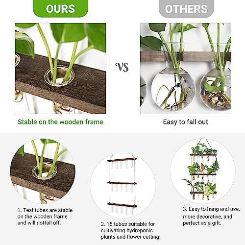 Mkono Plant Propagation Tubes, 3 Tiered Wall Hanging Terrarium with Wooden Stand Mini Test Tube Flower Vase Glass Planter Stations for Hydroponic Cutting Home Garden Office Decor Plant Lover Gift