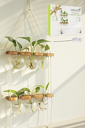 Renmxj Wall Hanging Plant Propagation Station - 6 Bulb Vase 2 Tiered Wooden Stand Plant Terrarium kit, Unique Gardening Gifts for Women Grandma Sister Mom Her Wife and Friends