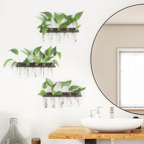 Renmxj Plant Propagation Station Tubes, 3 Tiered Wall Hanging Mini Glass Test Tubes Vase Planter for Hydroponic Home Garden Office Decor, Gardening Gift for Women Plant Lover - Brown