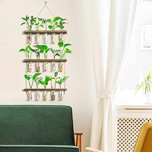 Monsiter QE 3 Tier Large Propagation Stations Wall Hanging Plant Terrarium with Wooden Stand, Retro Propagation Test Tube for Hydroponic Plants Cutting Flower, Propagator Home Office Patio Decor Gifts
