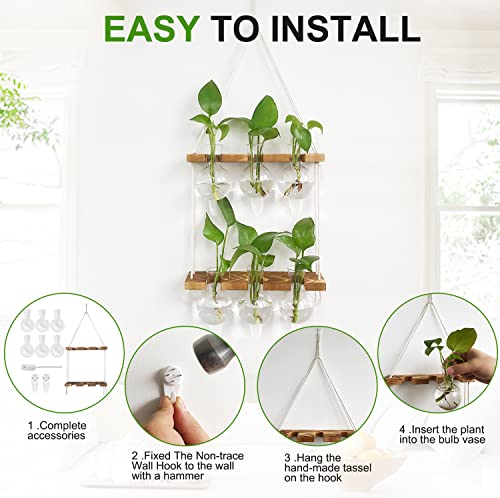 Renmxj Wall Hanging Plant Propagation Station - 6 Bulb Vase 2 Tiered Wooden Stand Plant Terrarium kit, Unique Gardening Gifts for Women Grandma Sister Mom Her Wife and Friends