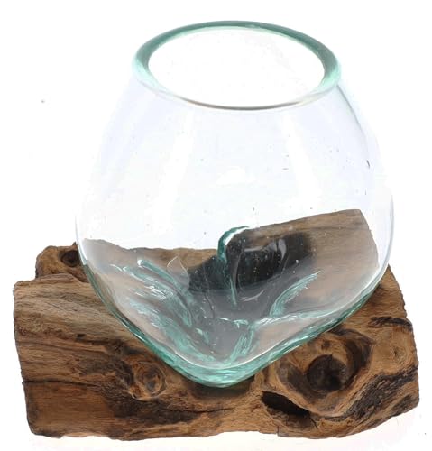 Small Hand-Blown Melted Glass Fish Bowl Vase Terrarium on Driftwood Base – Decorative Centerpiece Full or Empty