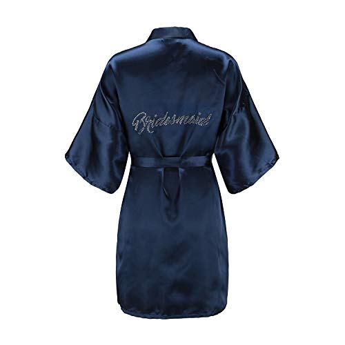 Silver Rhinestone Satin Bridesmaid Robe - Navy