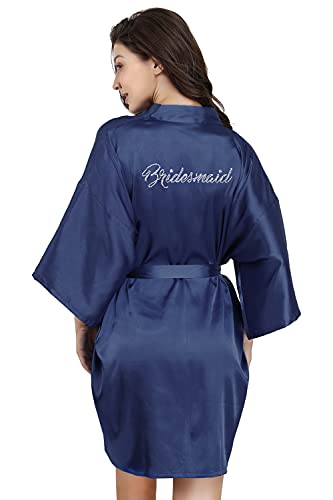 Silver Rhinestone Satin Bridesmaid Robe - Navy