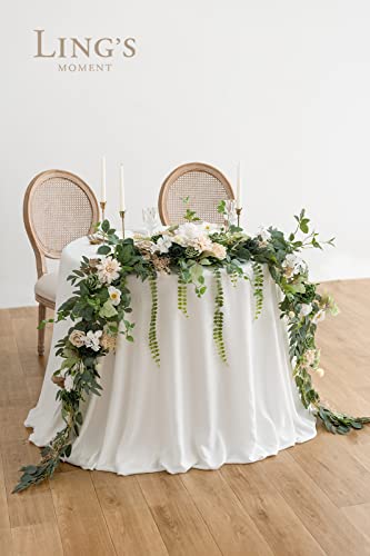 Ling's Moment 9FT Eucalyptus and Willow Leaf Garland with White Flower, Handcrafted Wedding Sweetheart Table Centerpieces Head Table Decor Arch Backdrop Decorations for Wedding | Emerald Tawny Beige